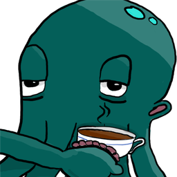 Krakthulhu mit müdem Blick und Kaffeetasse